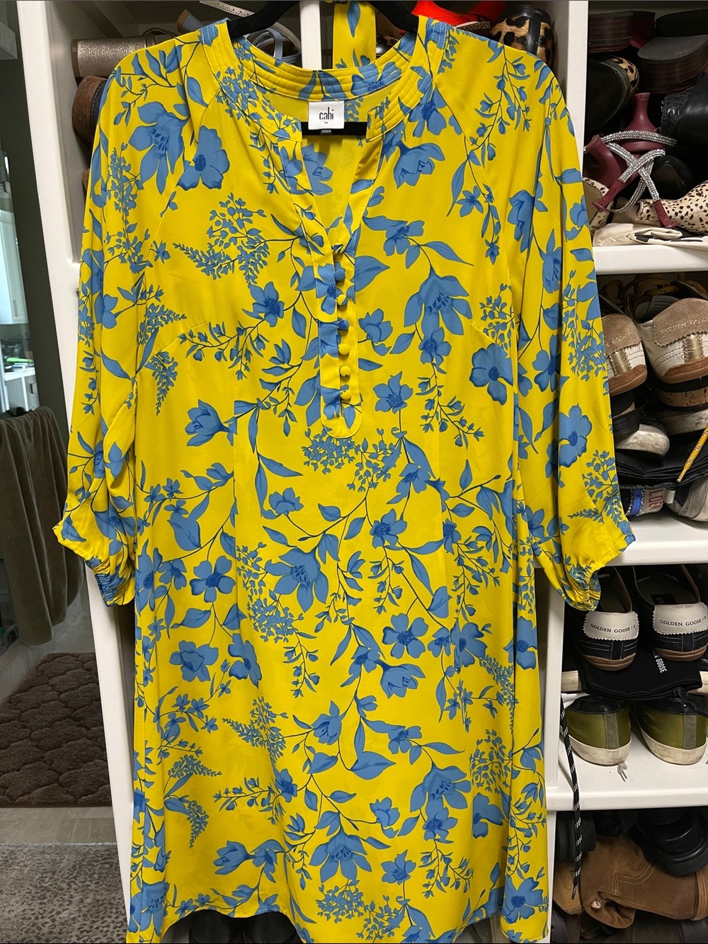 CAbi Yellow Shift Dress with Blue Floral Print